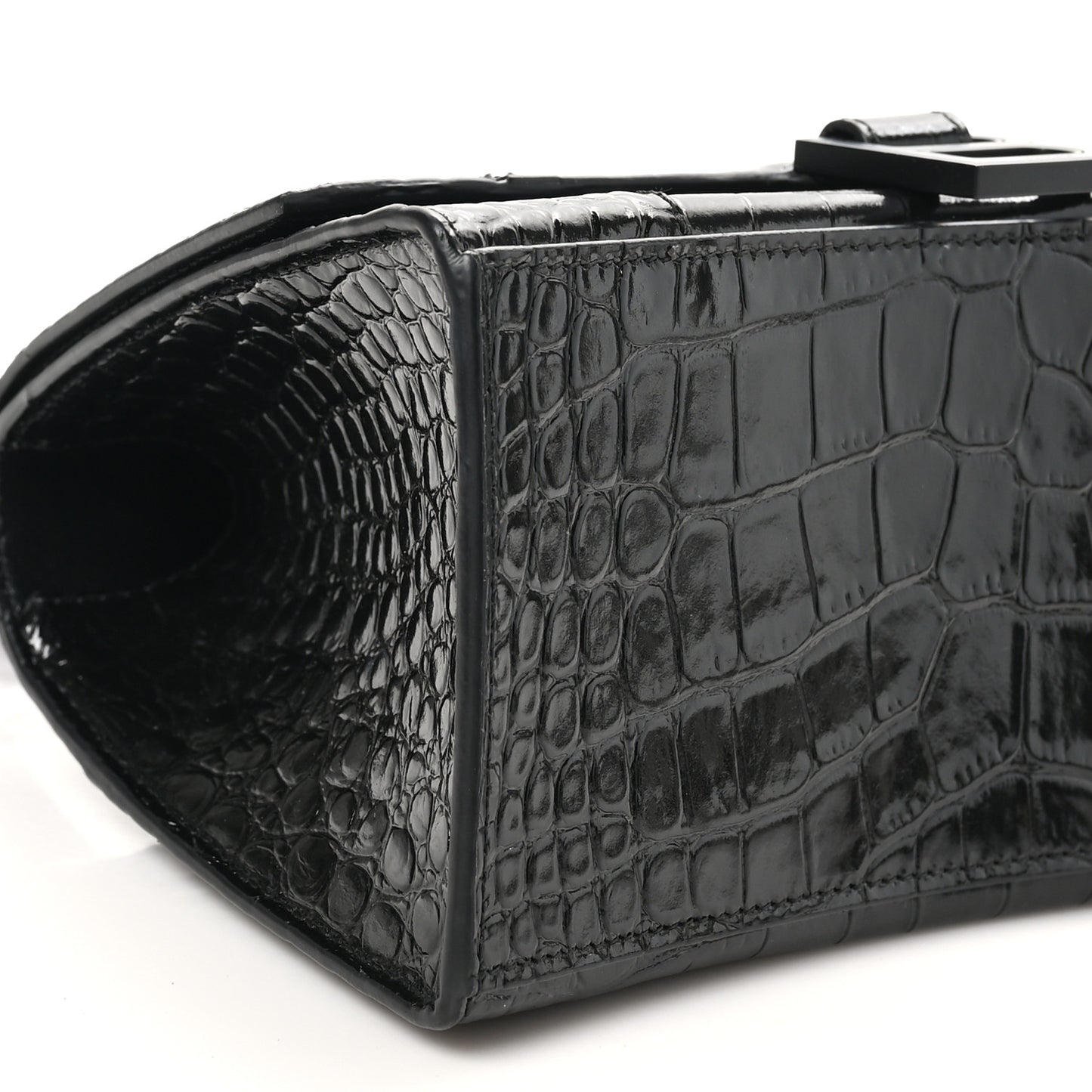 Shiny Calfskin Monochrome Crocodile Embossed Small Hourglass Top Handle Bag Black