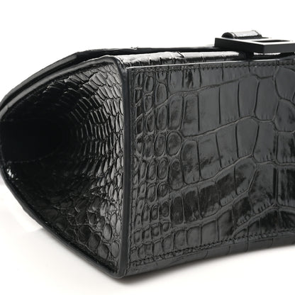 Balenciaga Shiny Calfskin Monochrome Crocodile Embossed Small Hourglass Top Handle Bag Black 9 of 10