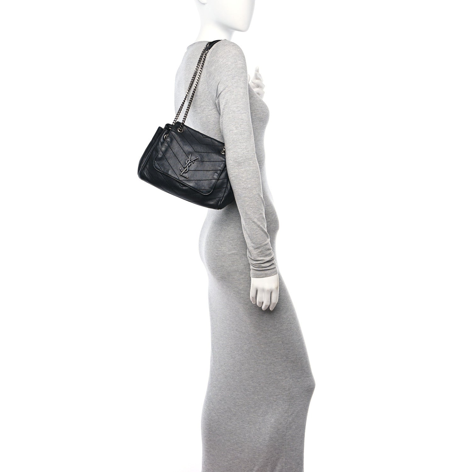 Saint Laurent Pebbled Lambskin Chevron Monogram Small Nolita Black 2 of 17