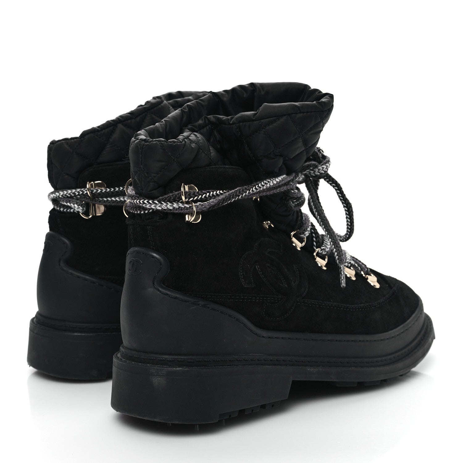 Chanel Suede Nylon CC Lace Up Snow Boots 39 Black 4 of 9