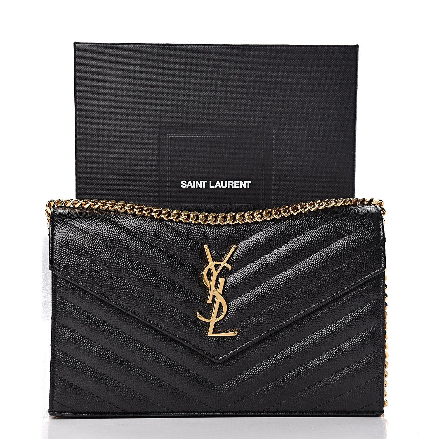 Saint Laurent Grain De Poudre Matelasse Chevron Monogram Chain Wallet Black 10 of 10