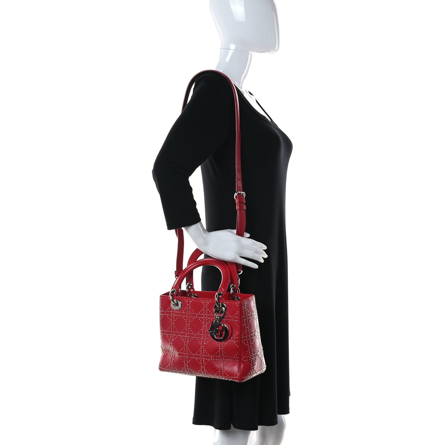 Lambskin Studded Cannage Medium Lady Dior Red