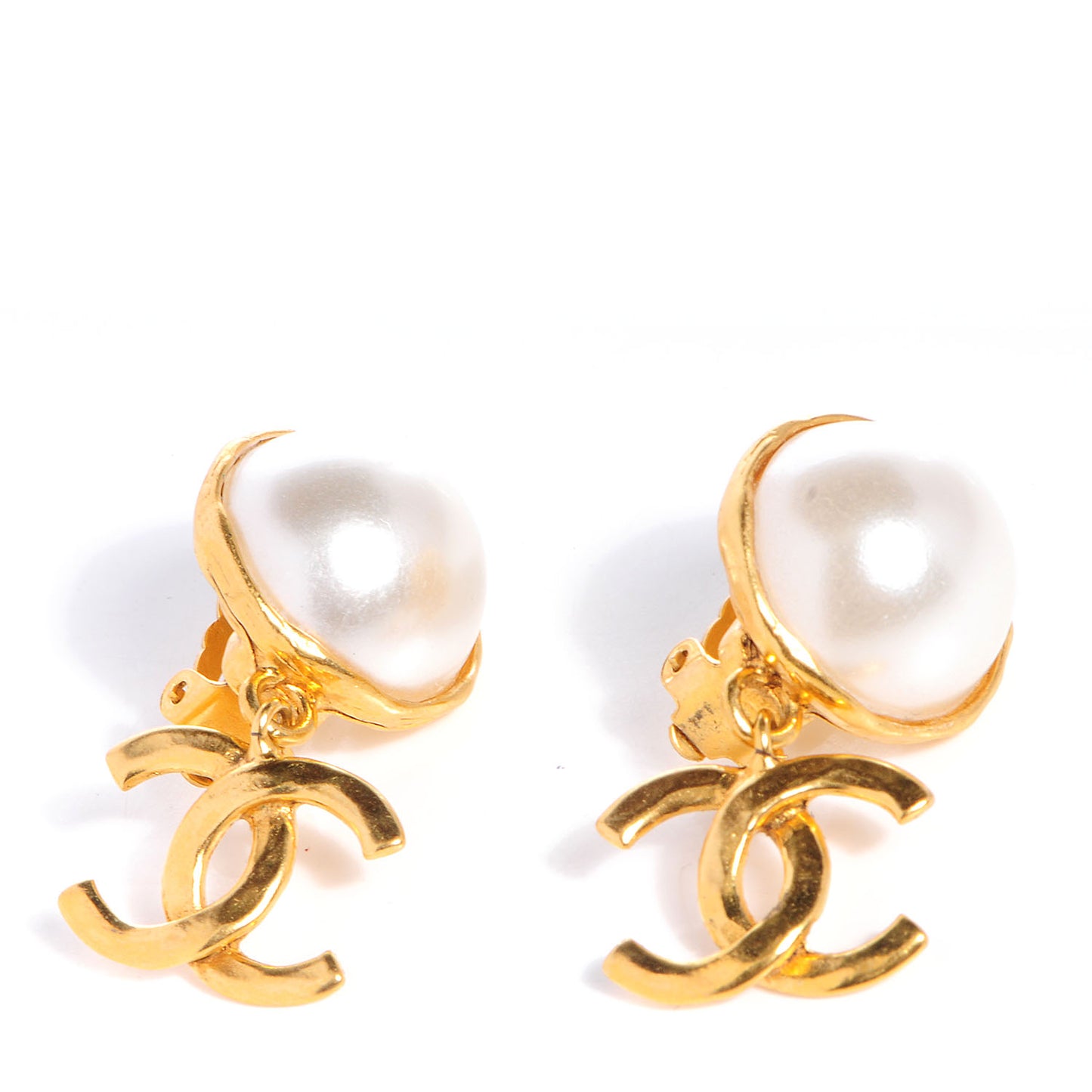 Pearl CC Dangle Clip On Earrings Gold