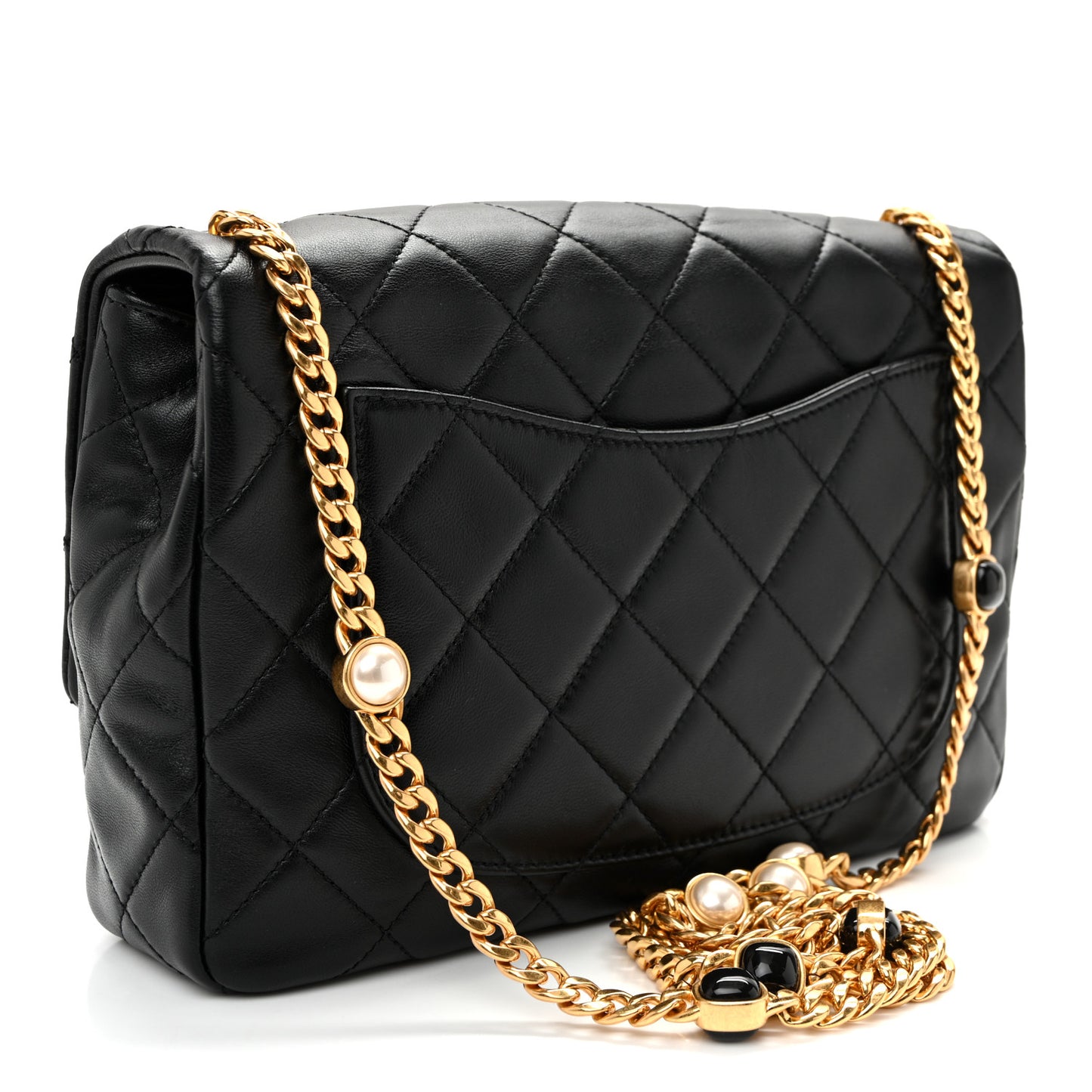 Lambskin Resin Pearl Quilted Flap Black