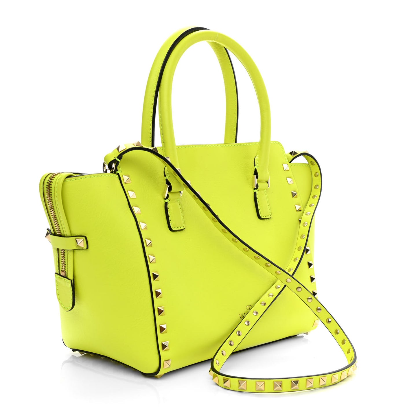 Vitello Small Rockstud Double Handle Tote Yellow Fluo