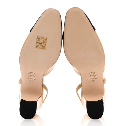 Chanel Goatskin Grosgrain Cap Toe CC Slingback Pumps 36 Beige Black 5 of 8