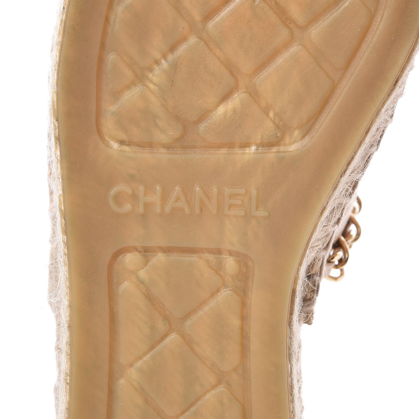 Lambskin Grosgrain Quilted CC Chain Espadrille Mules 35 Beige Black
