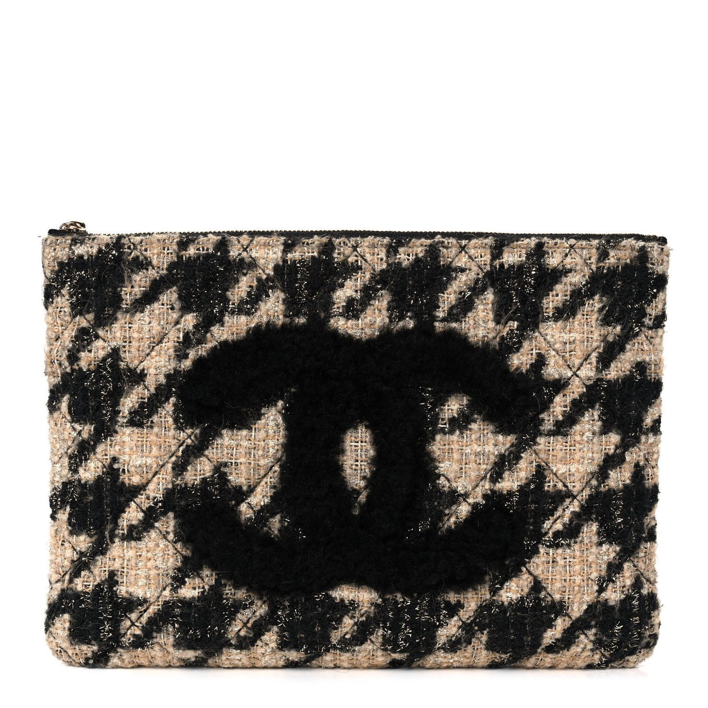 Tweed Shearling Quilted Chanel Cosmetic Pouch Beige Black