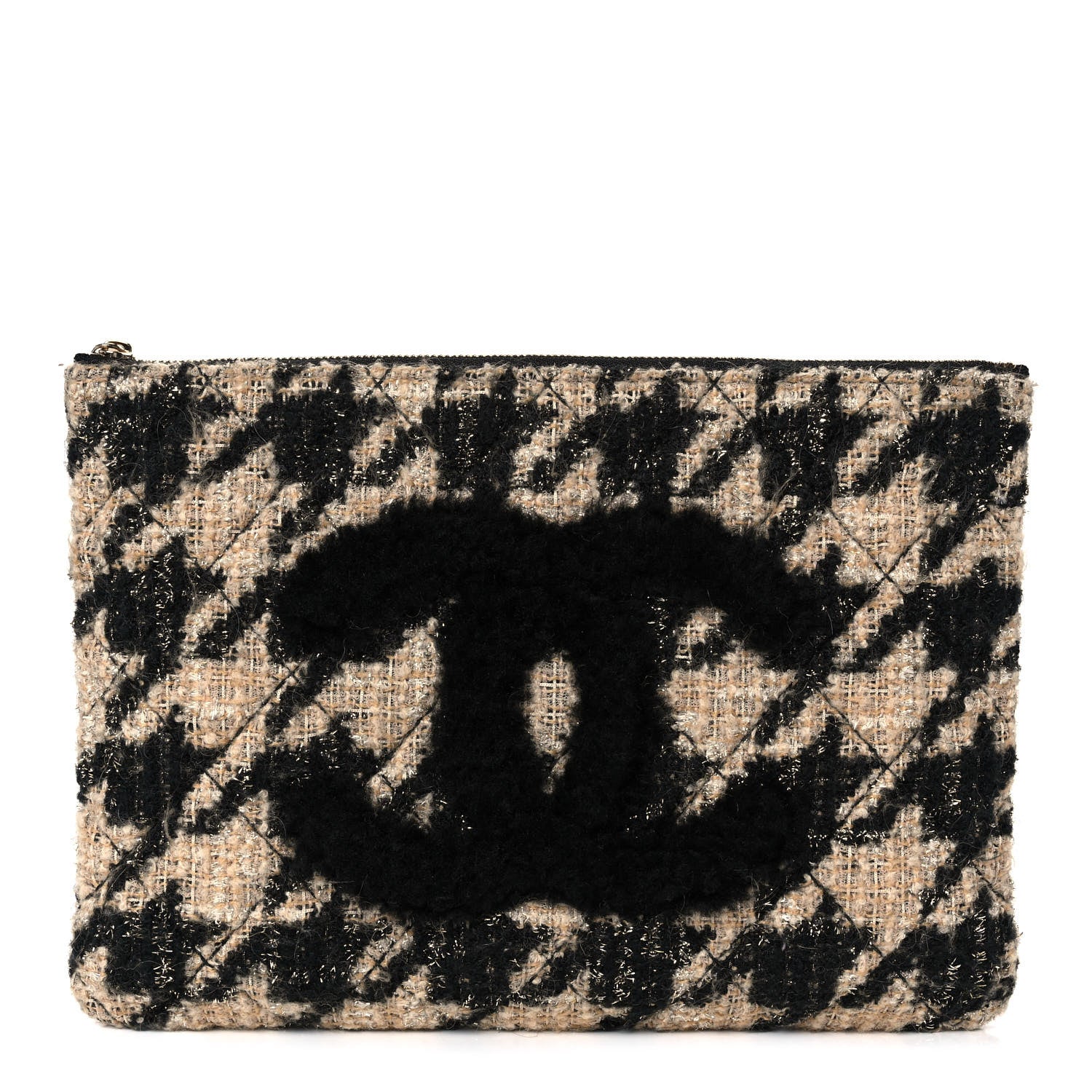 Chanel Tweed Shearling Quilted Chanel Cosmetic Pouch Beige Black 1 of 13