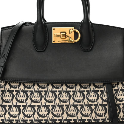 Salvatore Ferragamo Canvas Calfskin Gancini The Studio Bag Black Beige 9 of 18