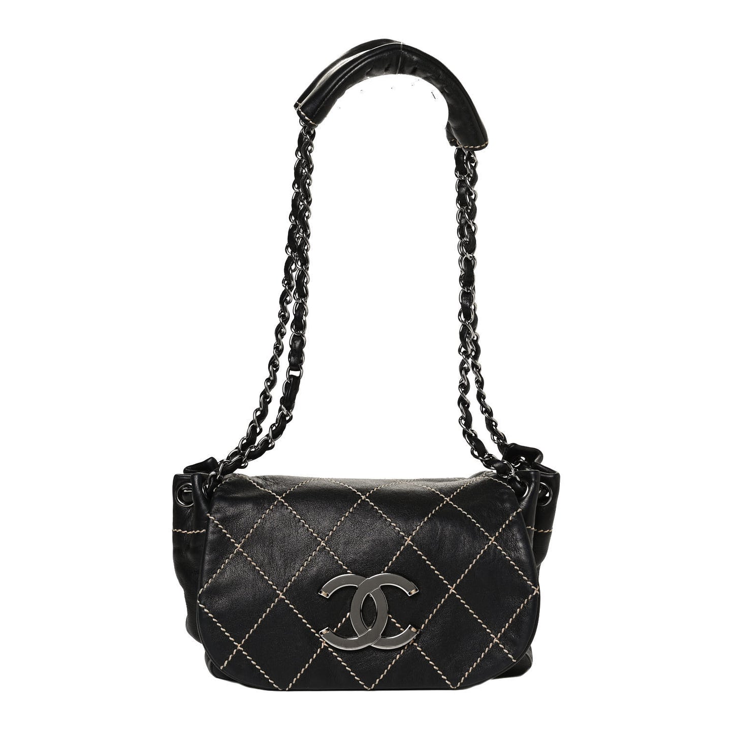 Lambskin Contrast Stitch Small Surpique Accordion Flap Black