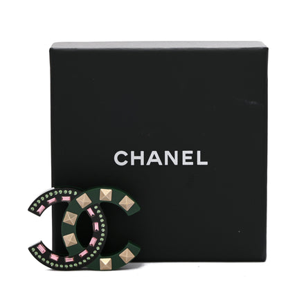 Chanel Resin Crystal Studded CC Brooch Green Multicolor 4 of 4