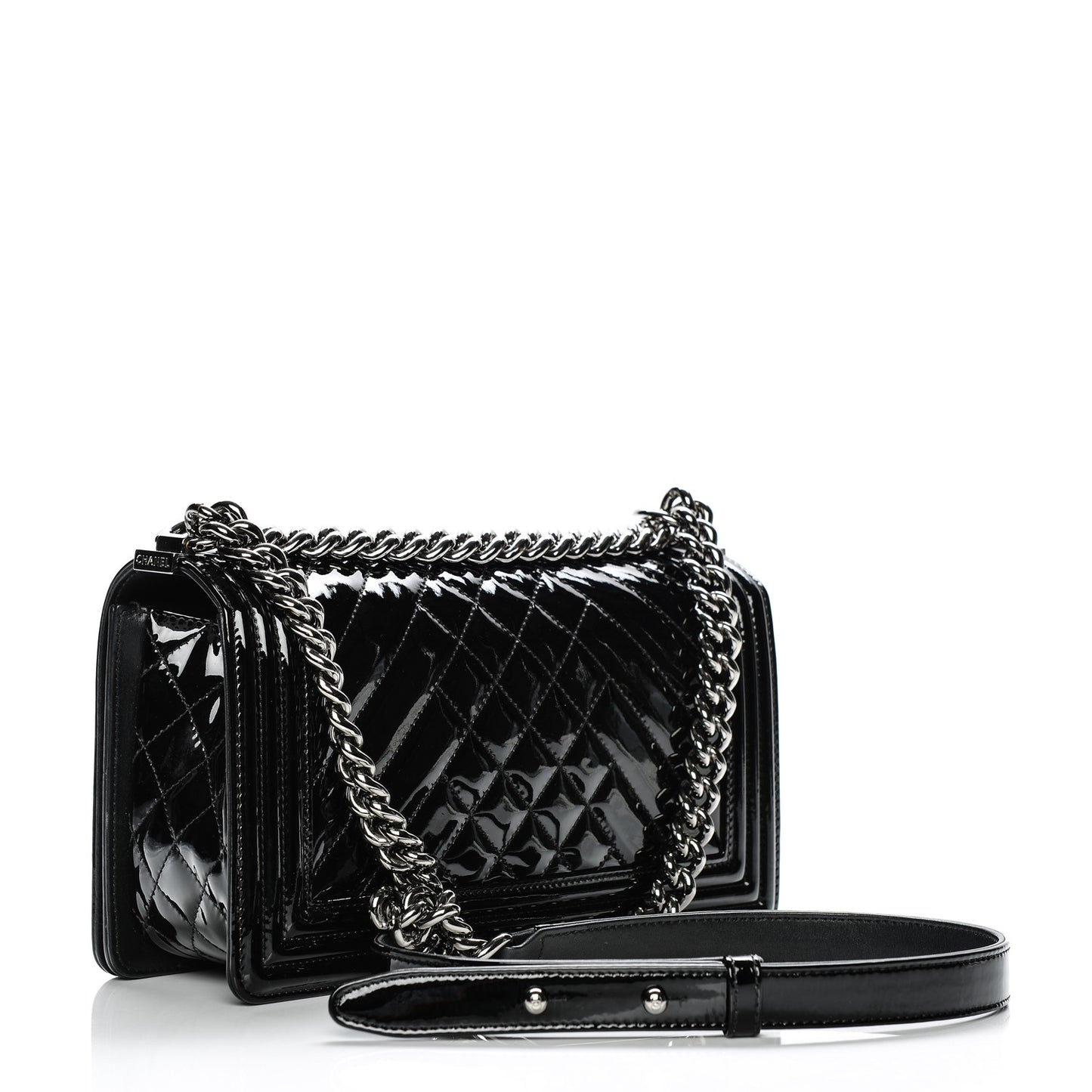 Patent Chevron Quilted Medium Boy Flap Black