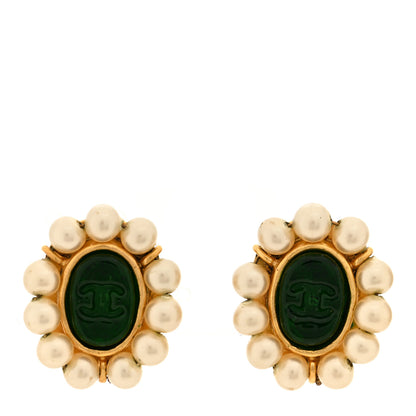 Chanel Resin Pearl CC Clip On Earrings Green Gold 1 of 4