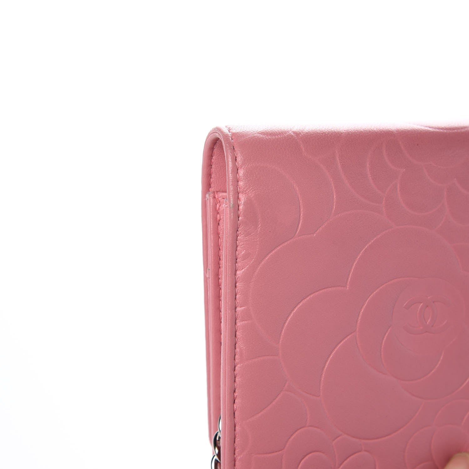 Chanel Lambskin Camellia Embossed Wallet On Chain WOC Pink 11 of 13
