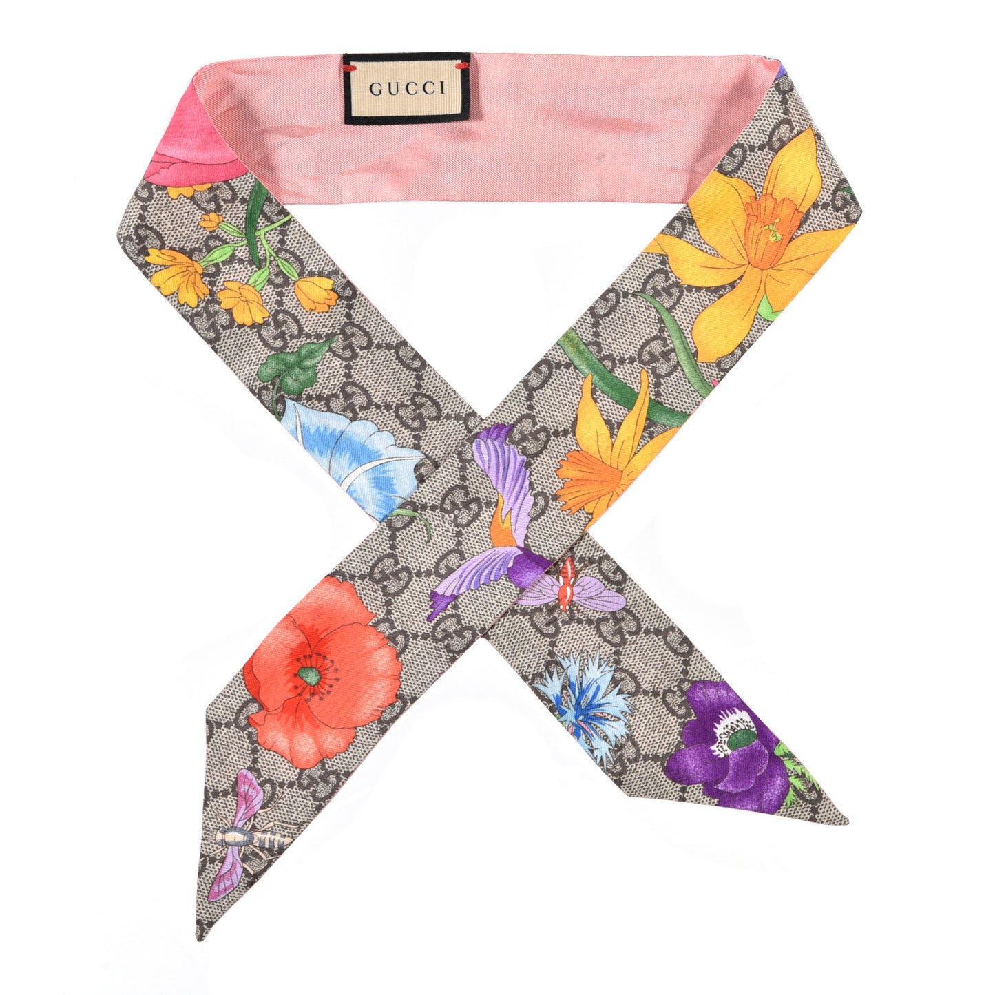 Silk Twill GG Monogram Special Flory Neck Bow Scarf Beige Pink