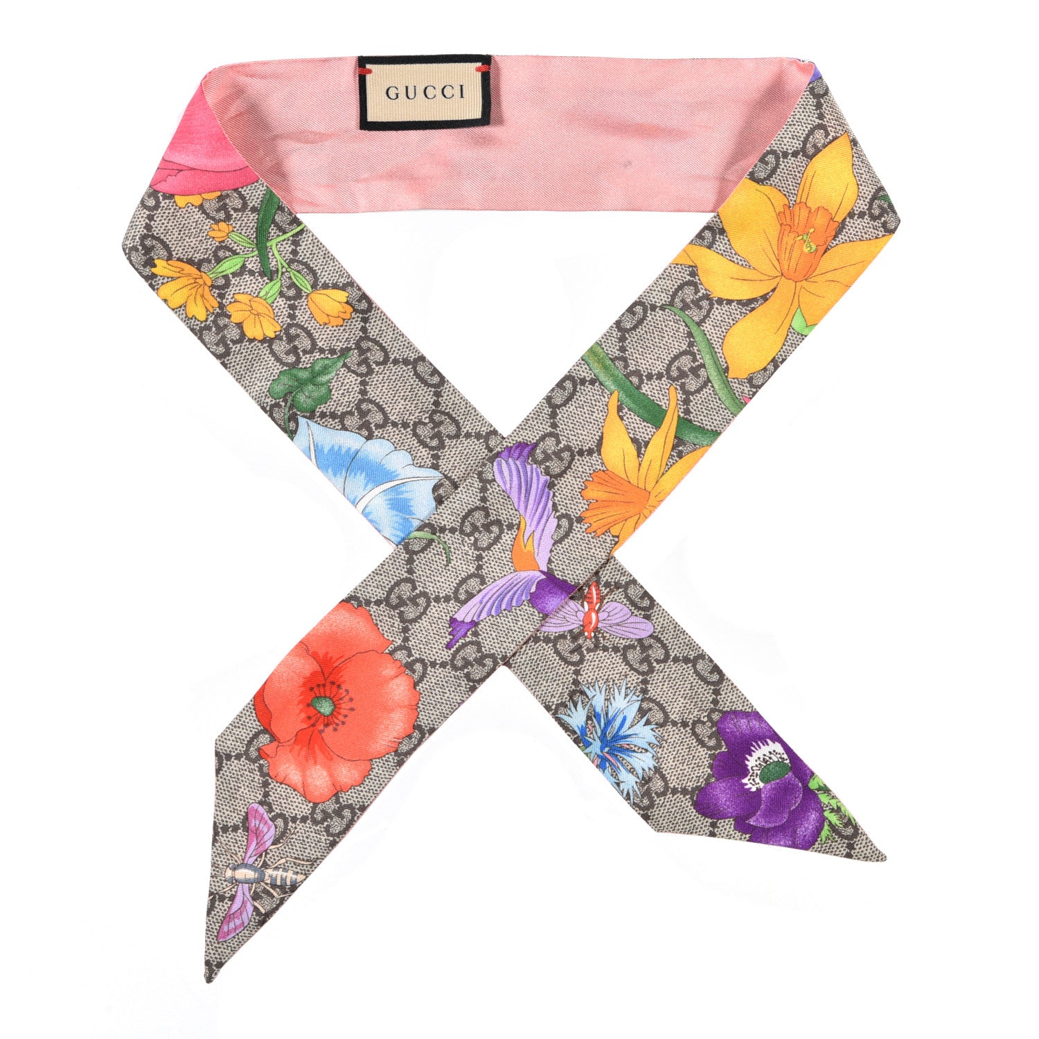 Gucci Silk Twill GG Monogram Special Flory Neck Bow Scarf Beige Pink 1 of 3