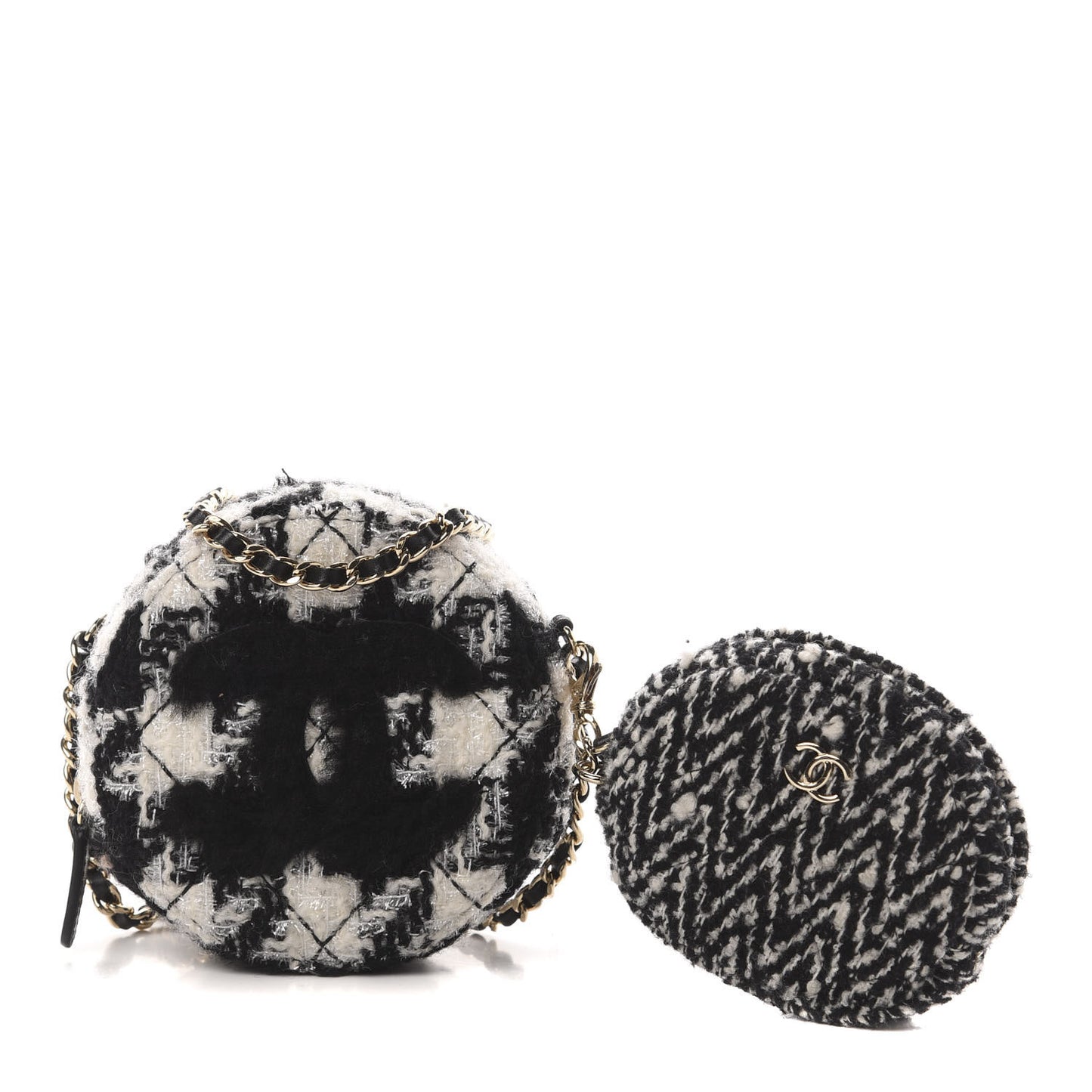 Tweed Shearling Round Clutch With Chain and Coin Purse Black and White