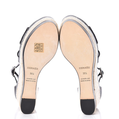 Hermes Calfskin Ilana Espadrille Wedge Sandals 36.5 Black 5 of 9