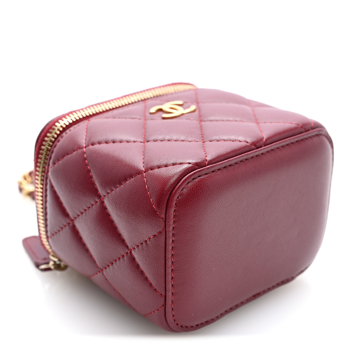Lambskin Quilted Mini Top Handle Vanity Case With Chain Burgundy