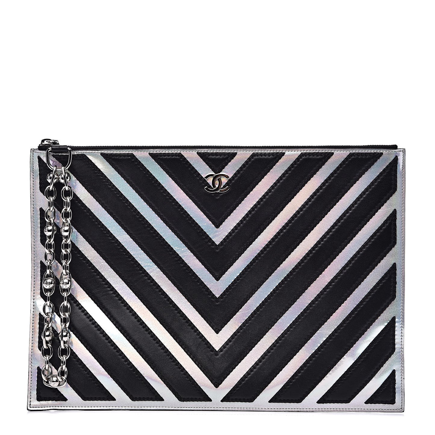 Lambskin Metallic Chevron Zip Pouch Black Silver