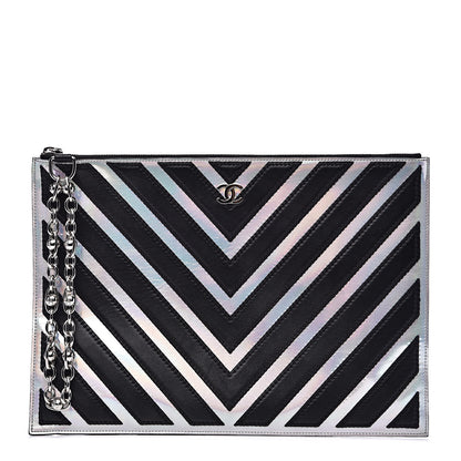 Chanel Lambskin Metallic Chevron Zip Pouch Black Silver 1 of 9