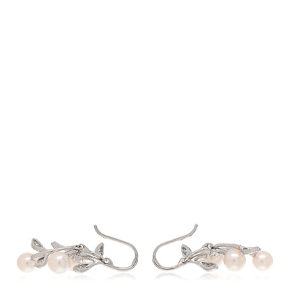 Mikimoto 18K White Gold Diamond Akoya Pearl Olive Branch Earrings 3 of 5