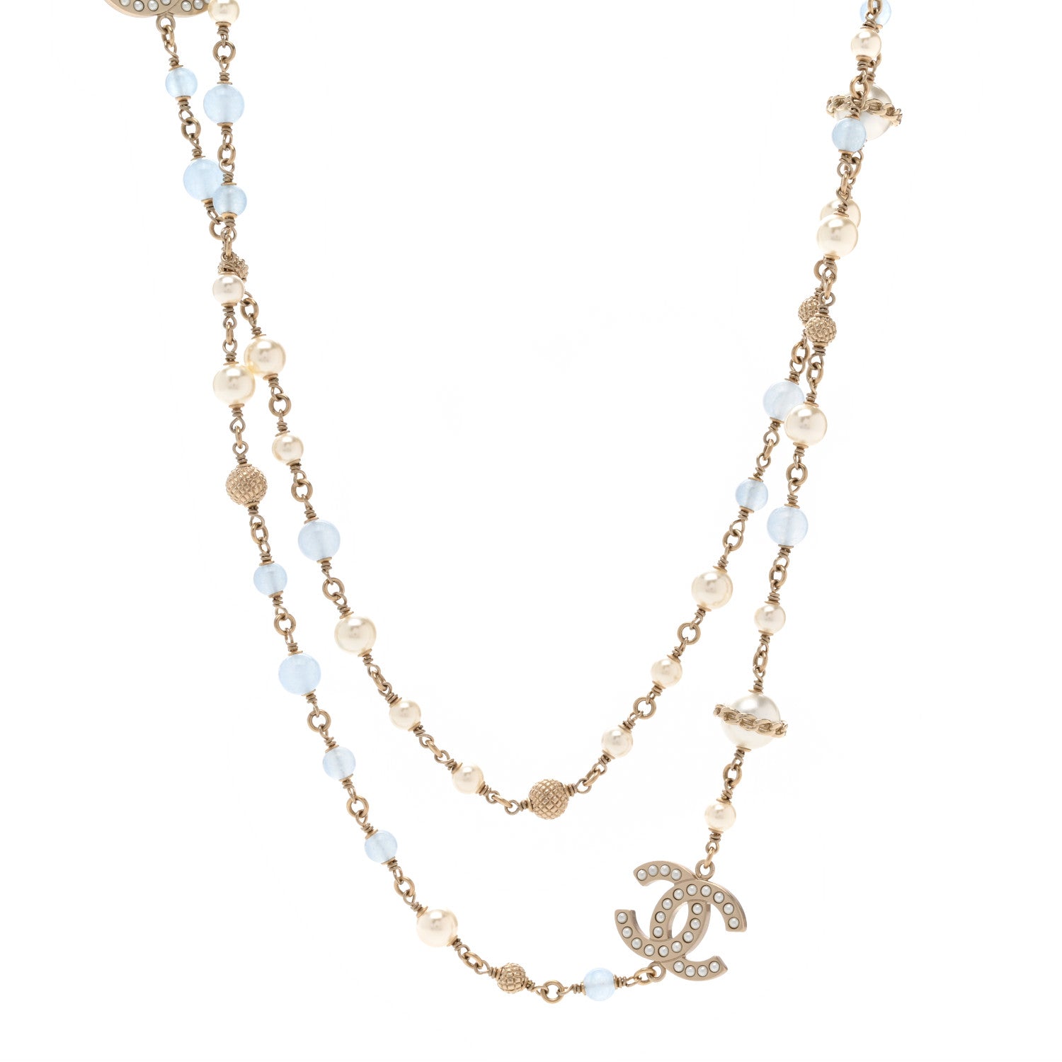 Chanel Pearl Beaded CC Long Necklace Gold Light Blue 1 of 5