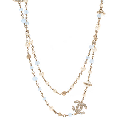 Chanel Pearl Beaded CC Long Necklace Gold Light Blue 1 of 5