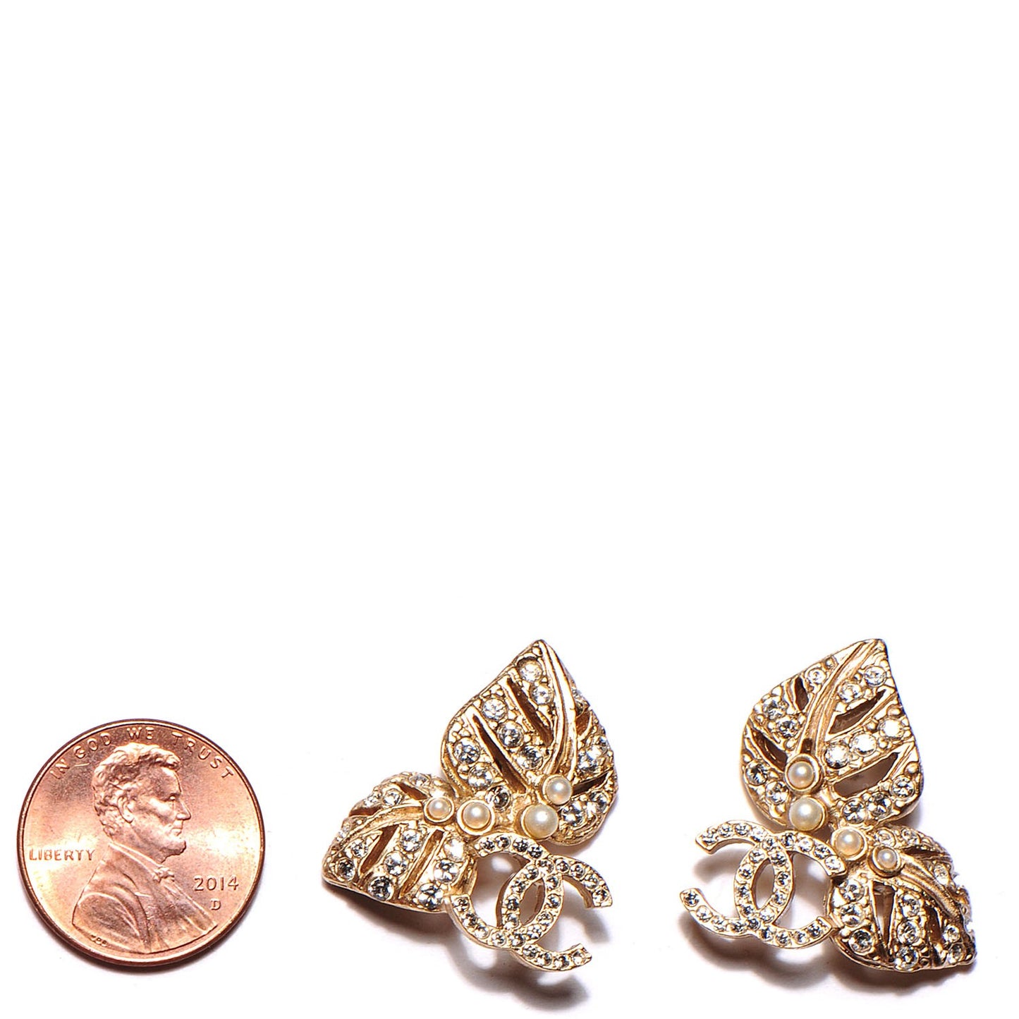 Crystal Pearl CC Leaf Earrings Gold