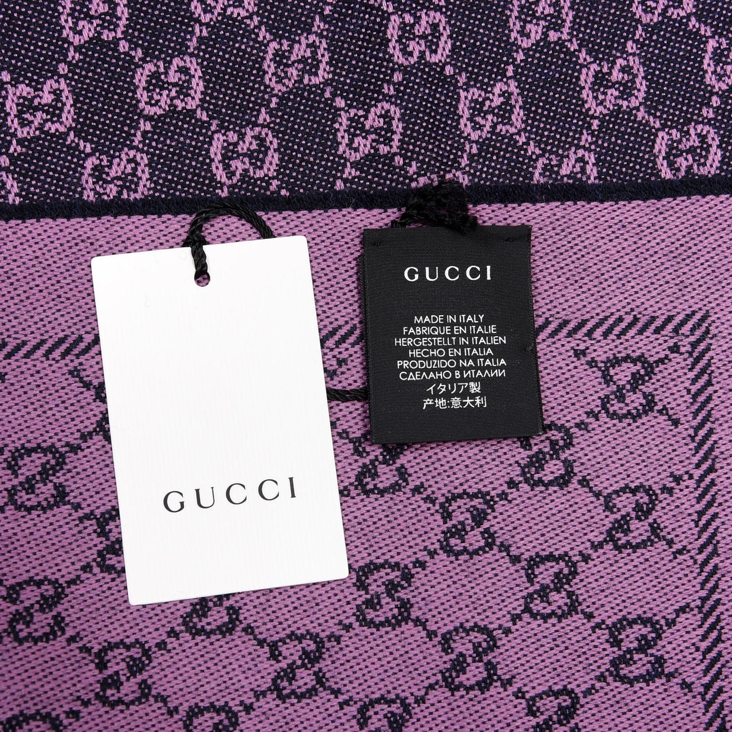 Wool GG Monogram Reversible New Sten Fringe Scarf Midnight Blue Pink