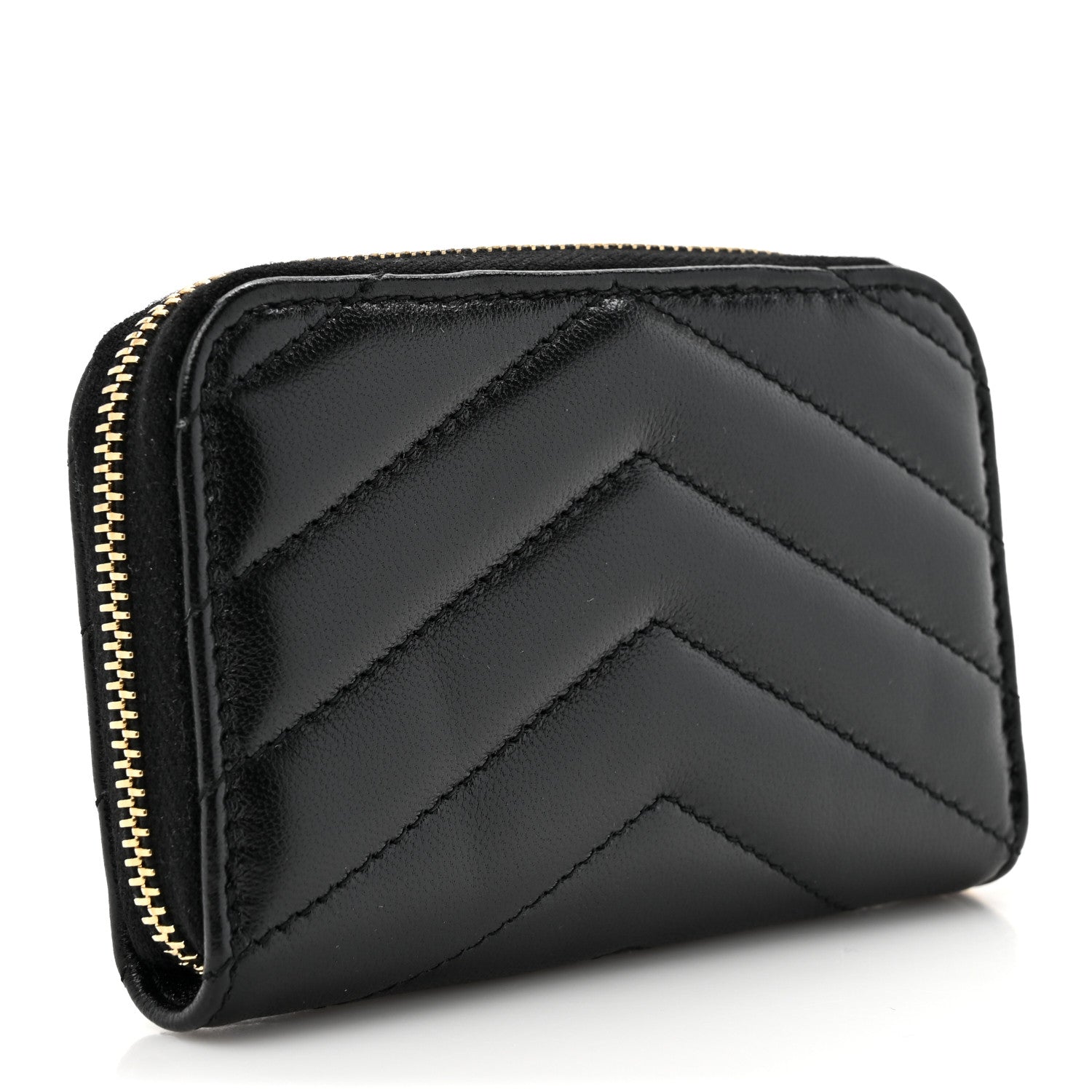 Saint Laurent Lambskin Matelasse Chevron Monogram Cassandre Compact Zip Around Card Wallet Black 3 of 7