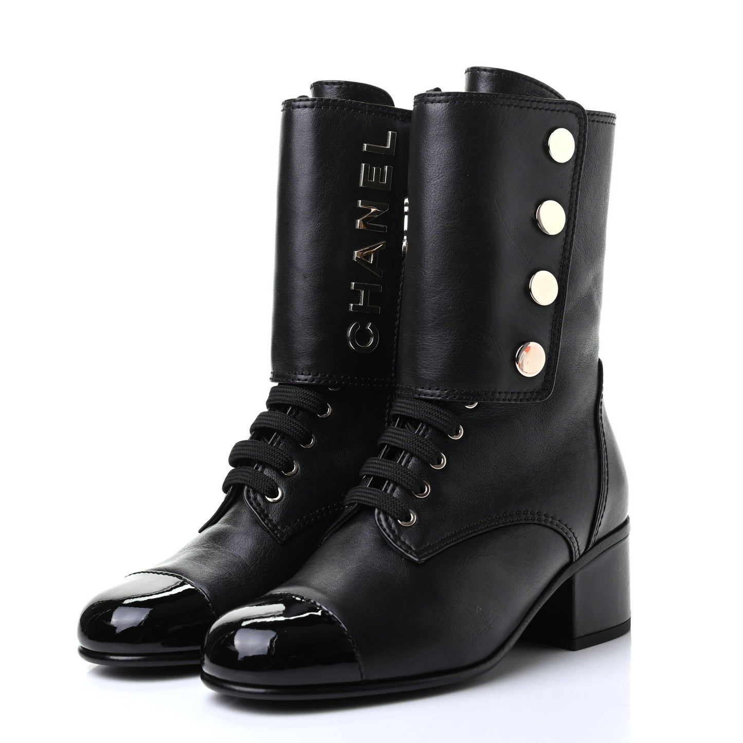 Calfskin Patent Cap Toe CC Lace Up Boots 36 Black