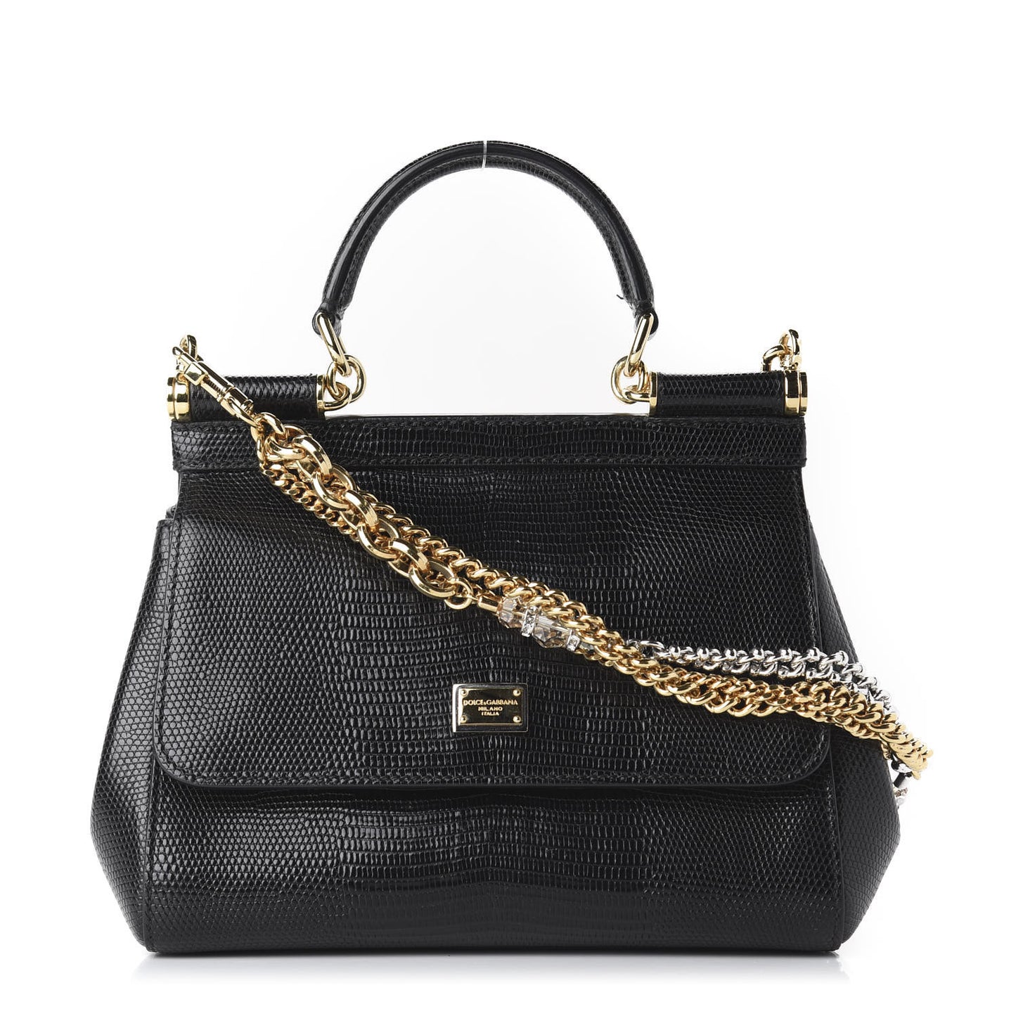 Iguana Embossed Calfskin Small Miss Sicily Chain Satchel Black