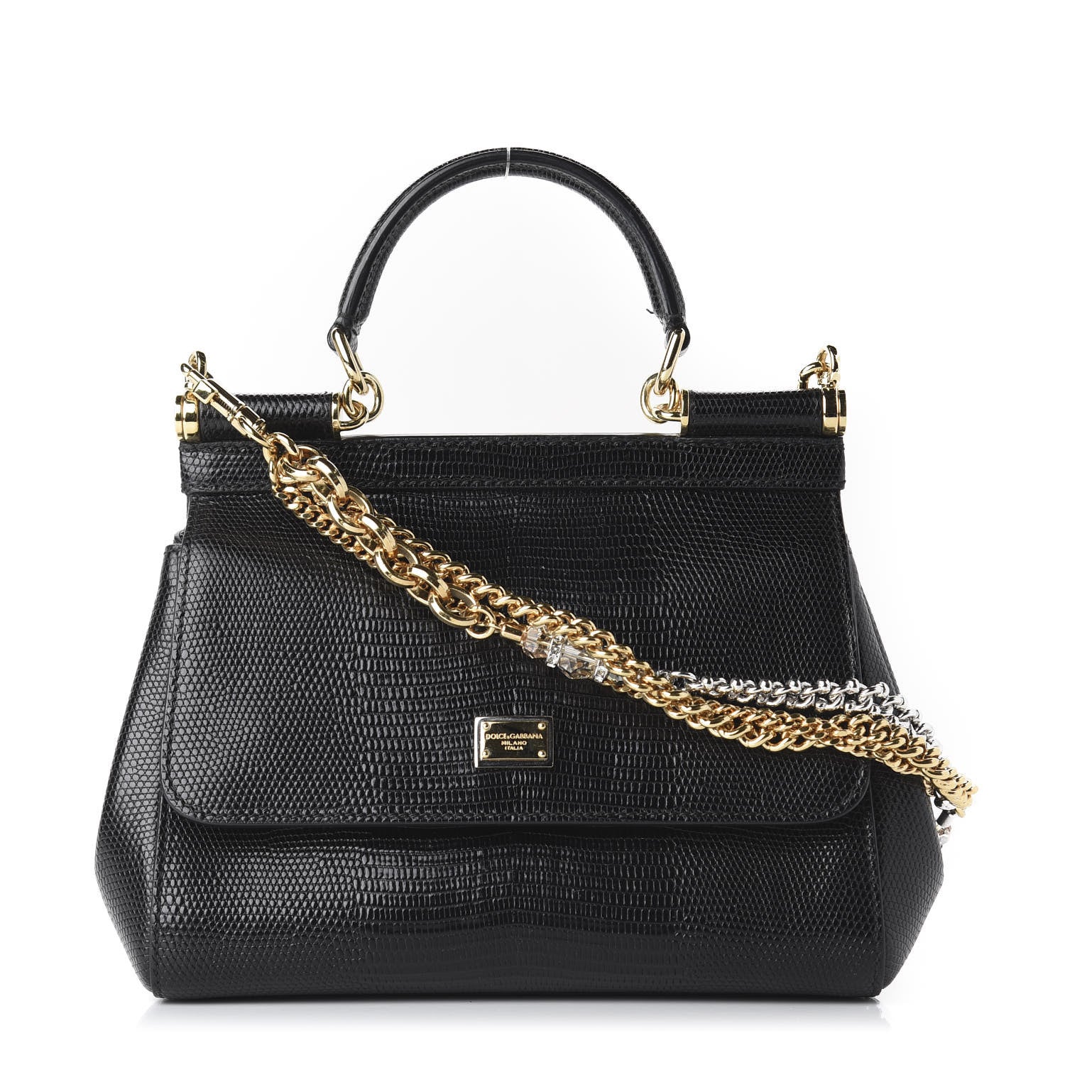 Dolce & Gabbana Iguana Embossed Calfskin Small Miss Sicily Chain Satchel Black 1 of 11