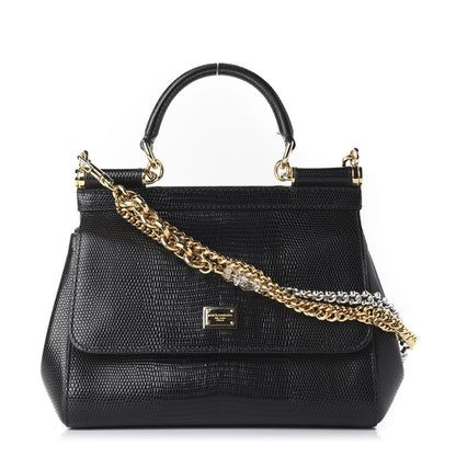 Dolce & Gabbana Iguana Embossed Calfskin Small Miss Sicily Chain Satchel Black 1 of 11