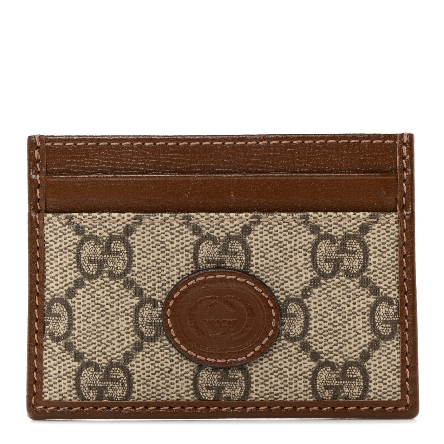 GG Supreme Monogram Azalea Calfskin Retro Interlocking G Card Holder Beige Ebony Brown Sugar