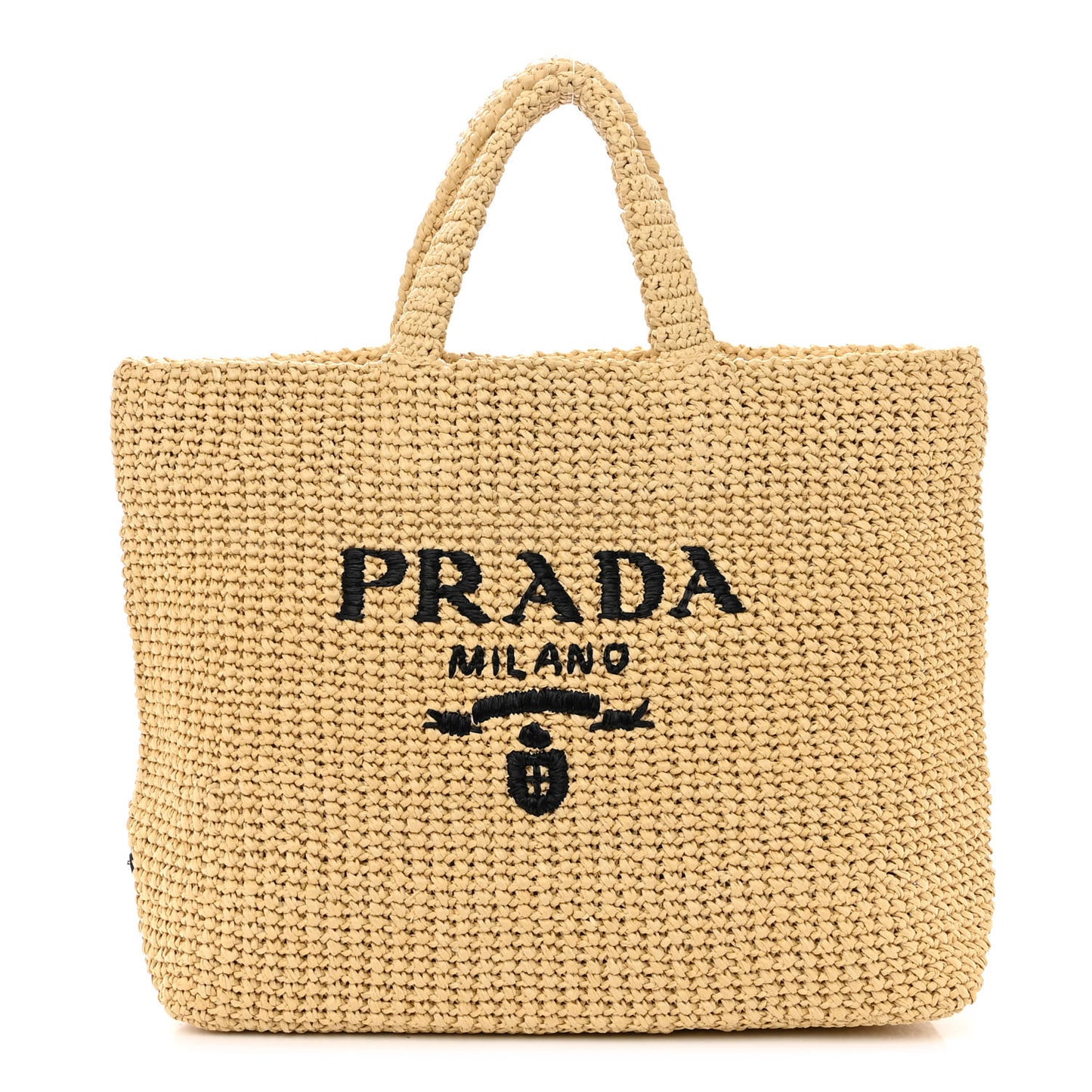 Yarn Raffia Effect Crochet Embroidered Logo Tote Naturale