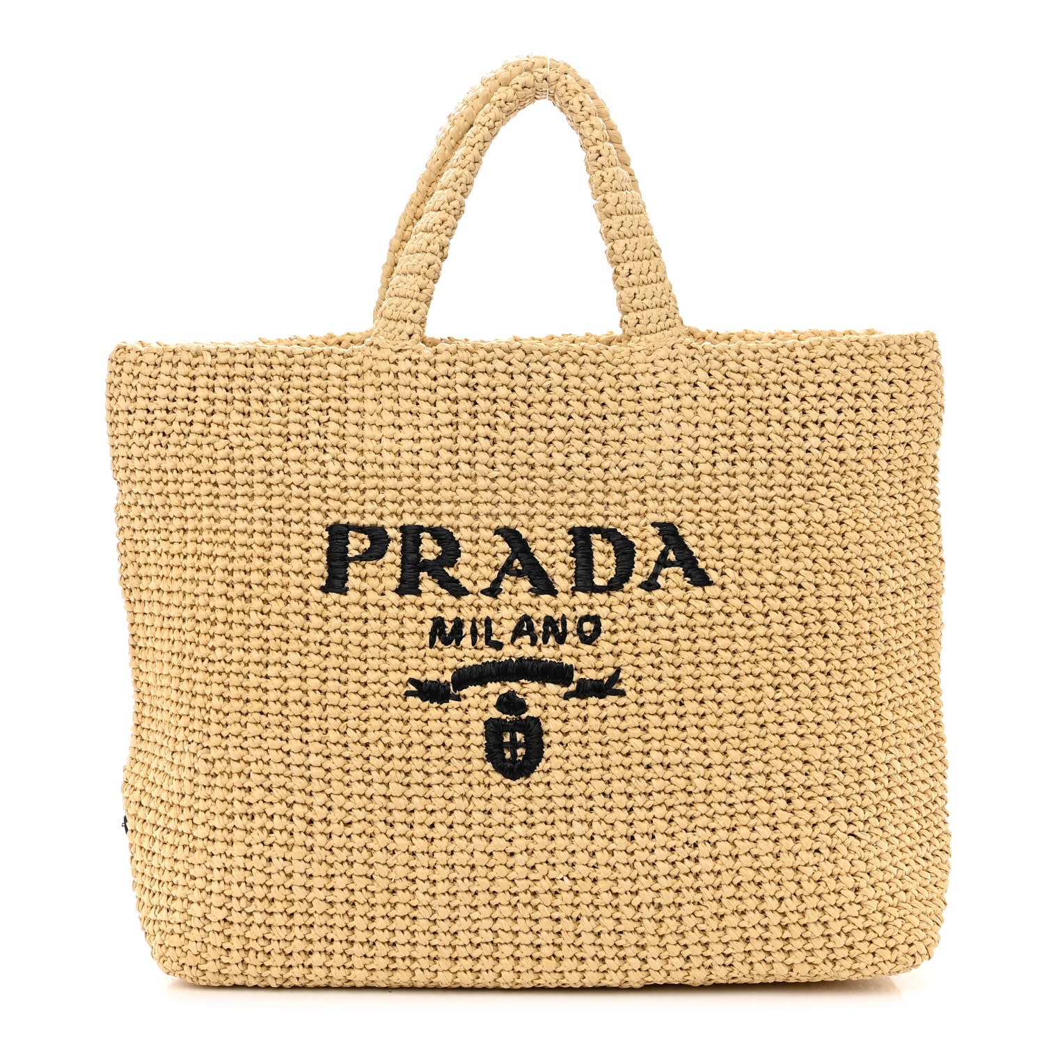 Prada Yarn Raffia Effect Crochet Embroidered Logo Tote Naturale 1 of 10