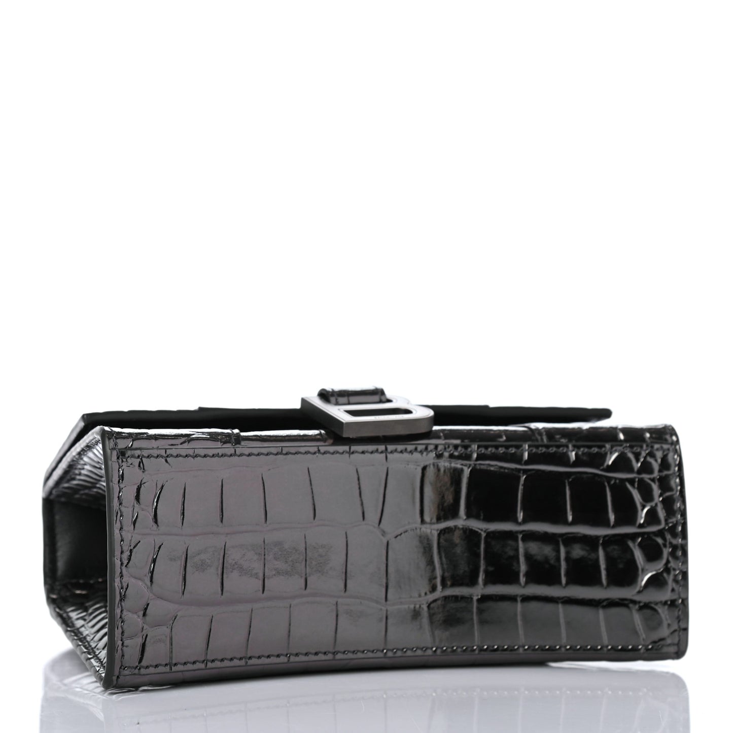 Shiny Calfskin Crocodile Embossed Hourglass Top Handle Bag XS Gunmetal