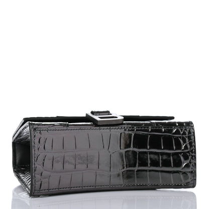 Balenciaga Shiny Calfskin Crocodile Embossed Hourglass Top Handle Bag XS Gunmetal 3 of 4