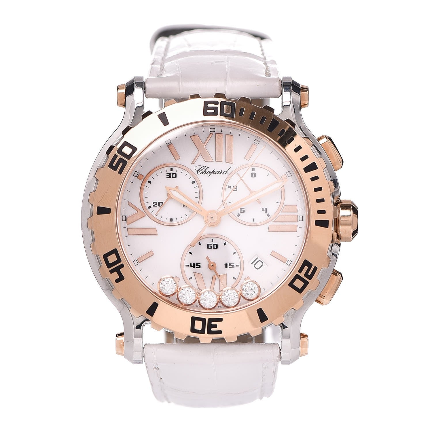 Chopard Stainless Steel 18K Rose Gold Alligator 5 Diamond 42mm Happy Sport Chronograph Quartz Watch 1 of 11