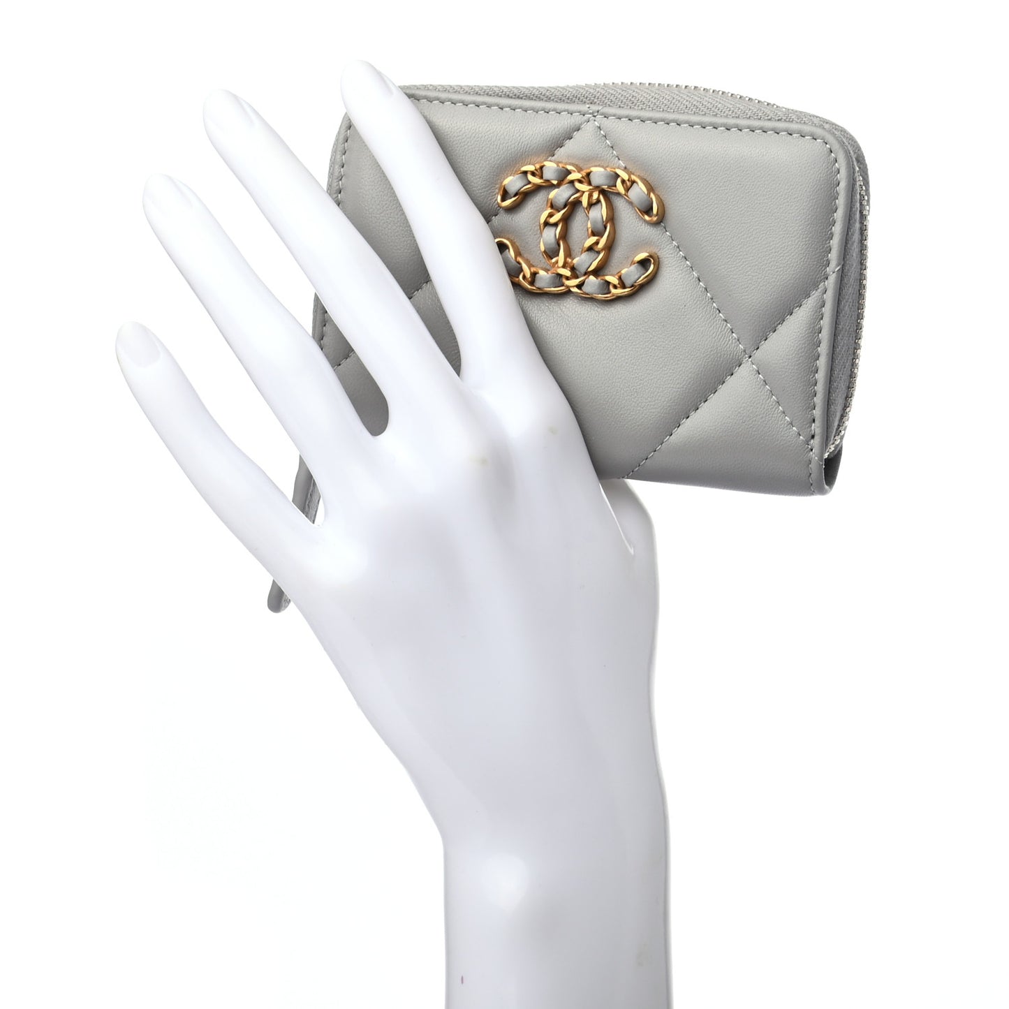 Lambskin Quilted Chanel 19 Zip Around Coin Purse Wallet Grey