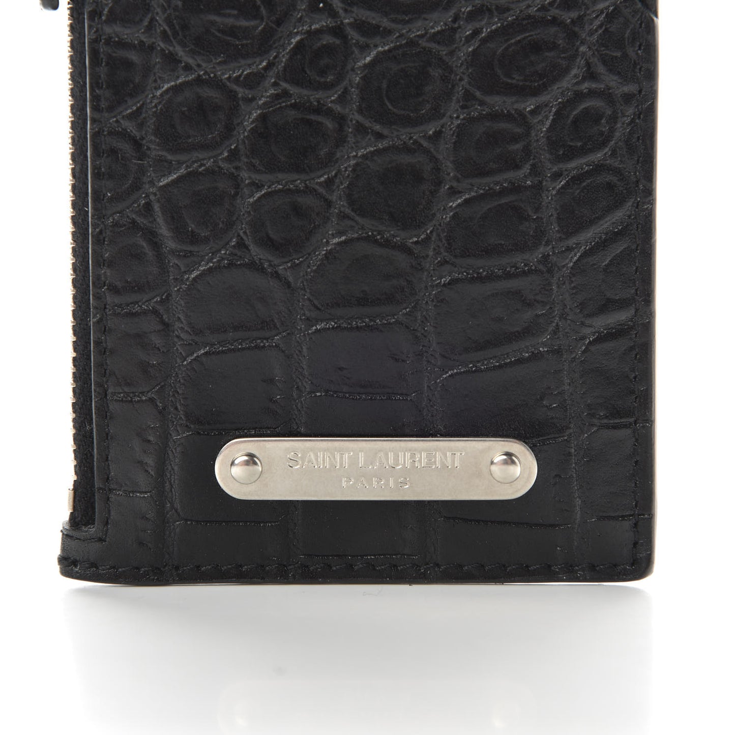 Calfskin Crocodile Embossed 5 Fragments Zip Pouch Card Holder Strap Black