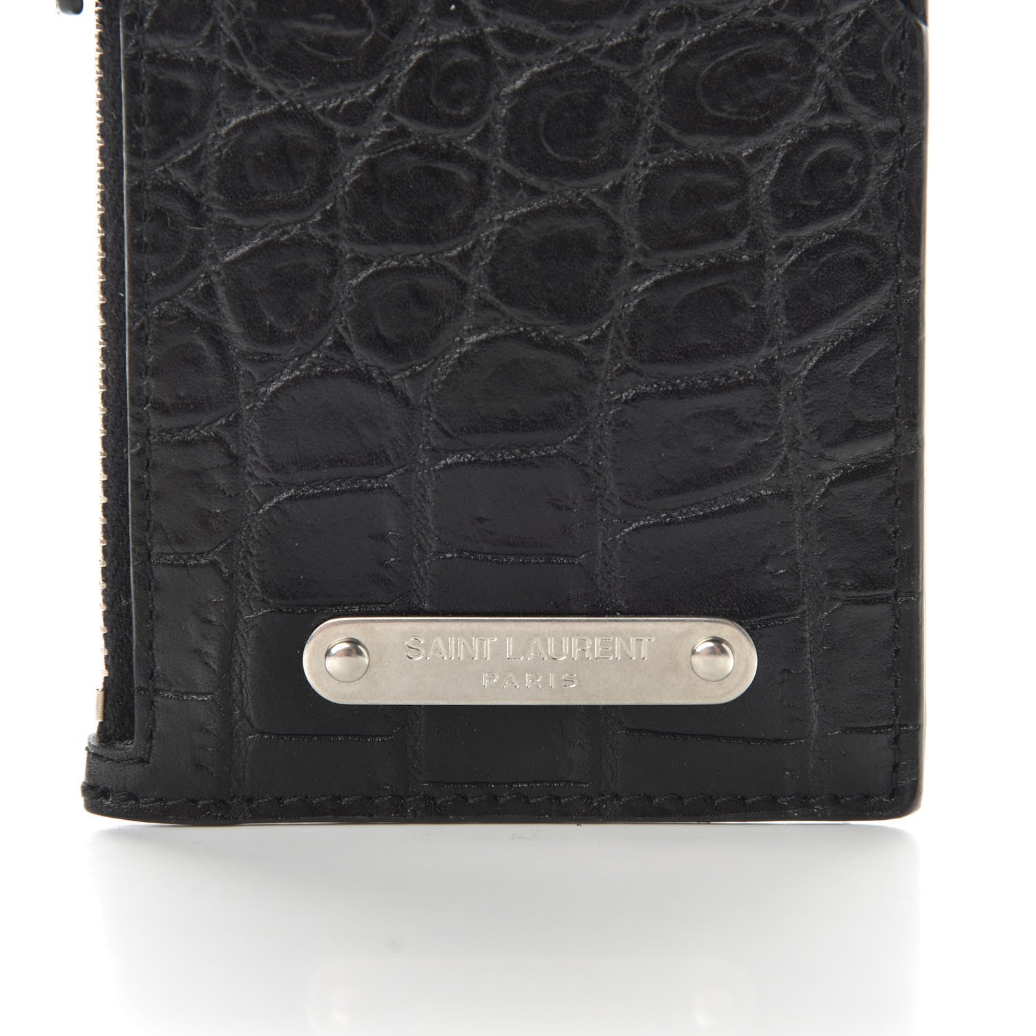 Saint Laurent Calfskin Crocodile Embossed 5 Fragments Zip Pouch Card Holder Strap Black 7 of 8