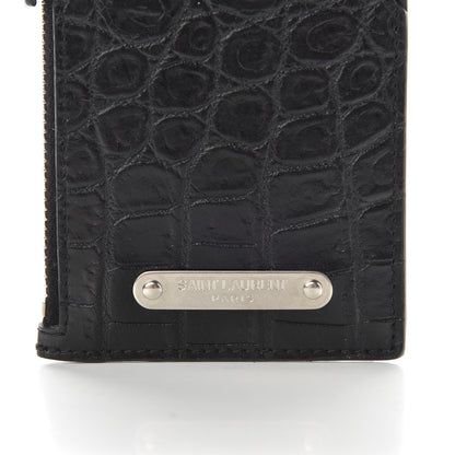 Saint Laurent Calfskin Crocodile Embossed 5 Fragments Zip Pouch Card Holder Strap Black 7 of 8