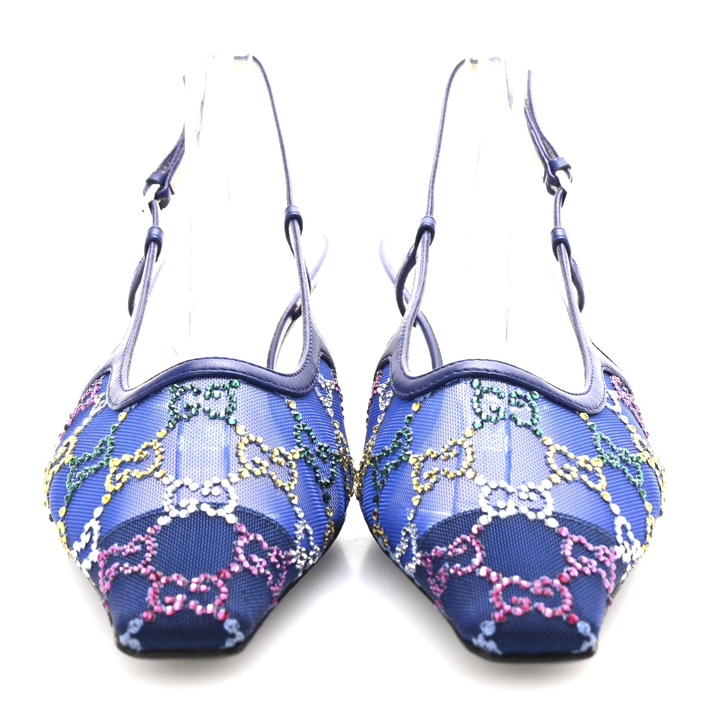 Tela Retino Nappa Charlotte Crystal GG Monogram Square G 35mm Slingback Pumps 38.5 Splash Net Blue Witch
