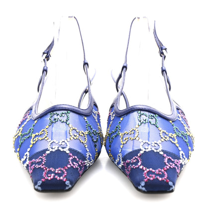Gucci Tela Retino Nappa Charlotte Crystal GG Monogram Square G 35mm Slingback Pumps 38.5 Splash Net Blue Witch 3 of 9