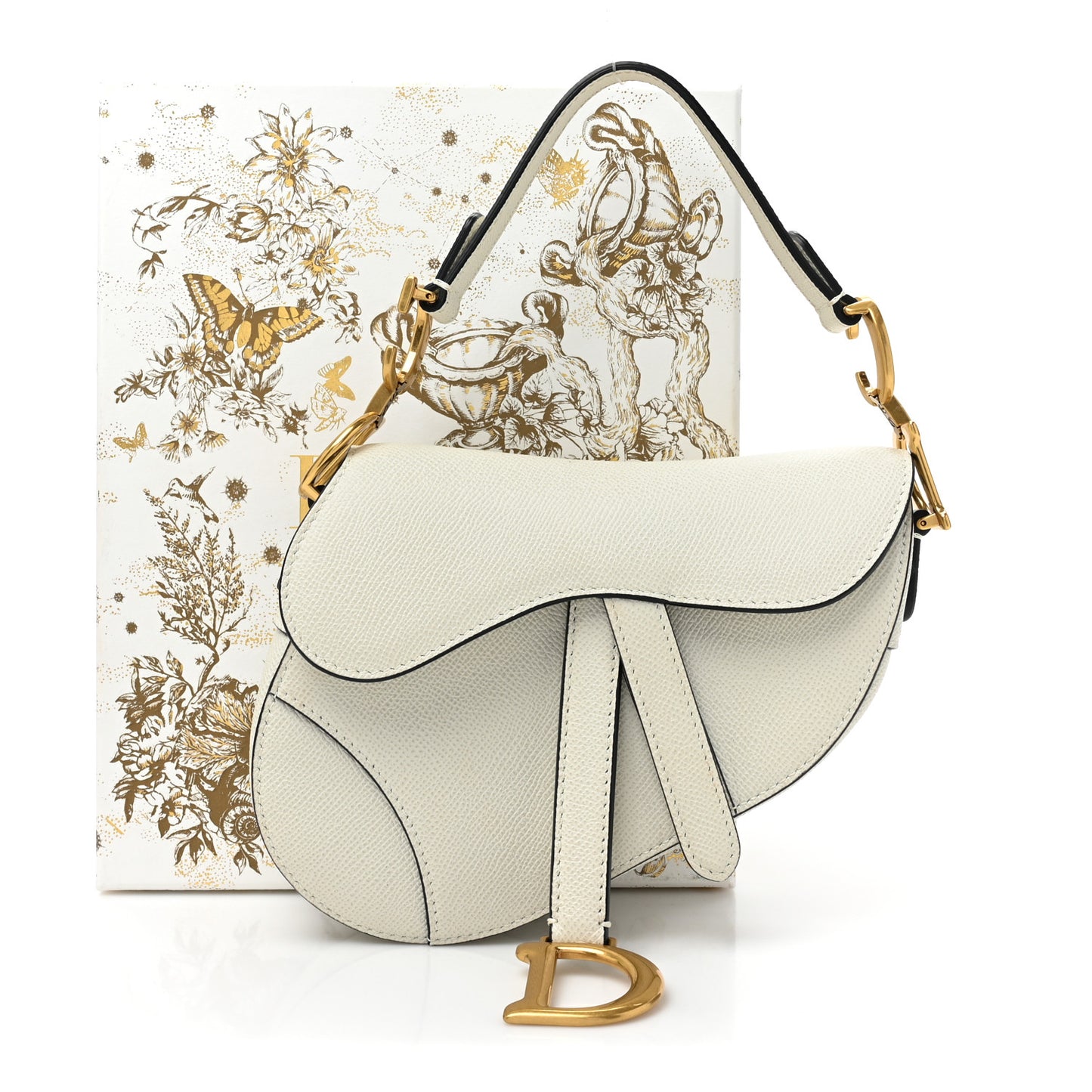 Grained Calfskin Mini Saddle Bag White
