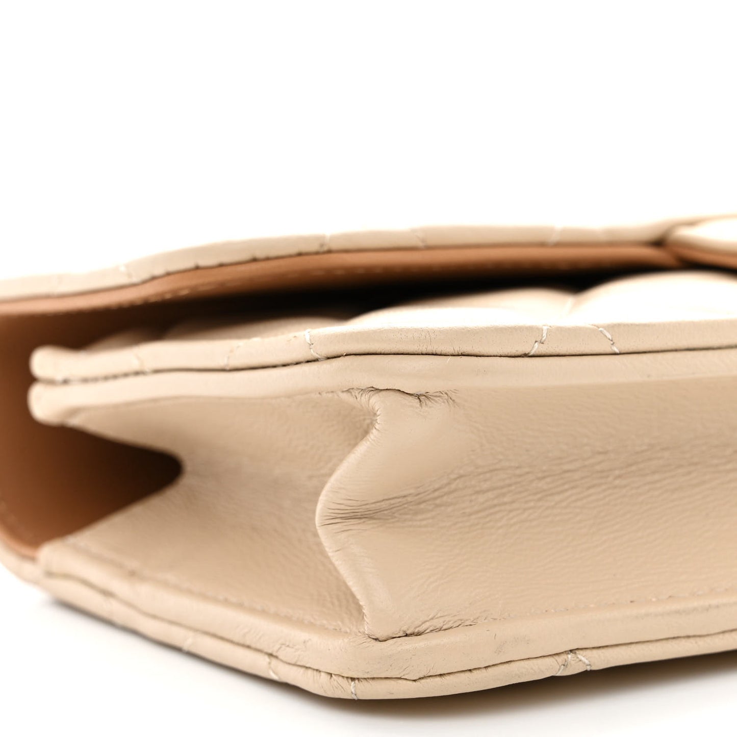 Lambskin Quilted Flap Phone Holder With Chain Beige Brown